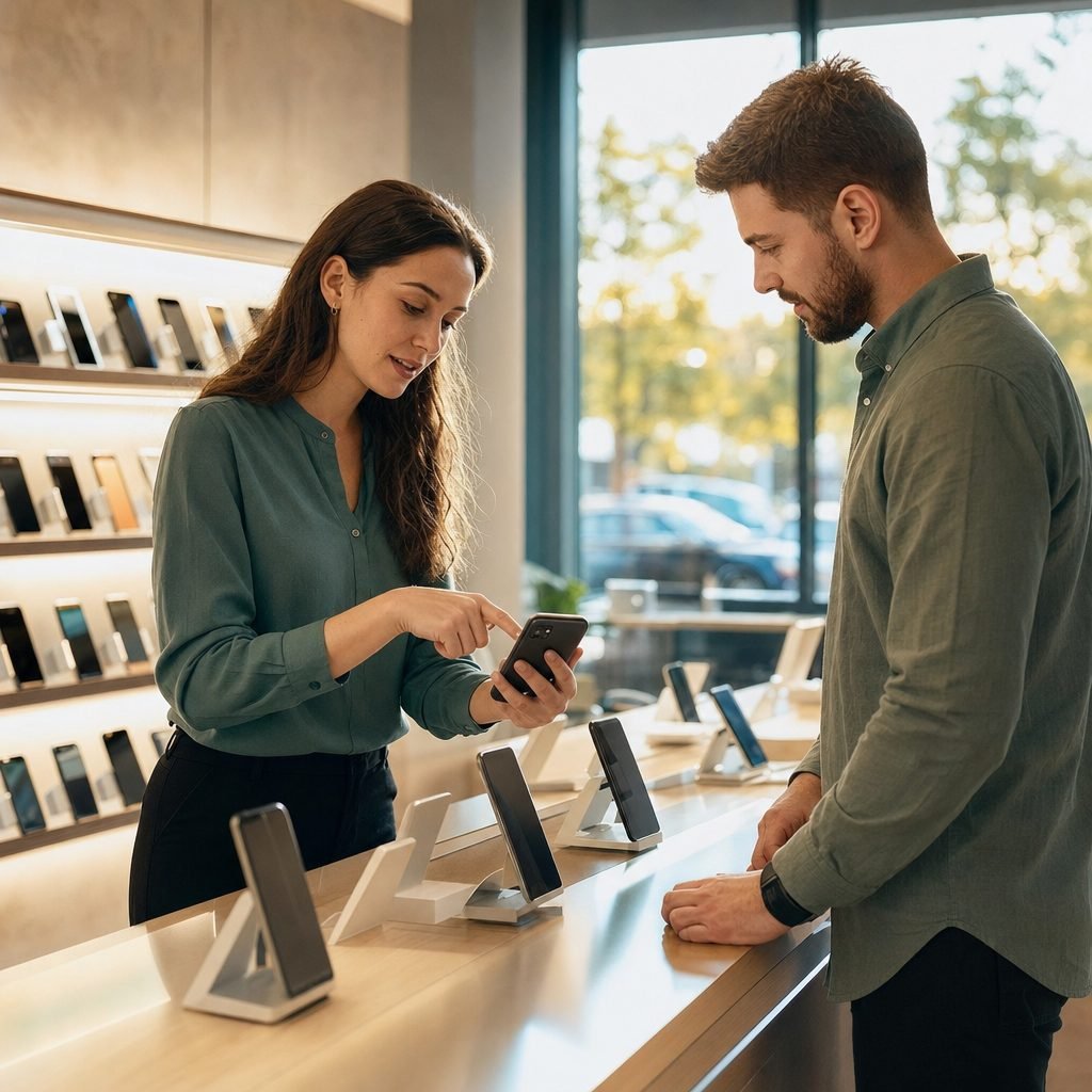 A store associate helping a customer choose a phone inside a mobile phone store